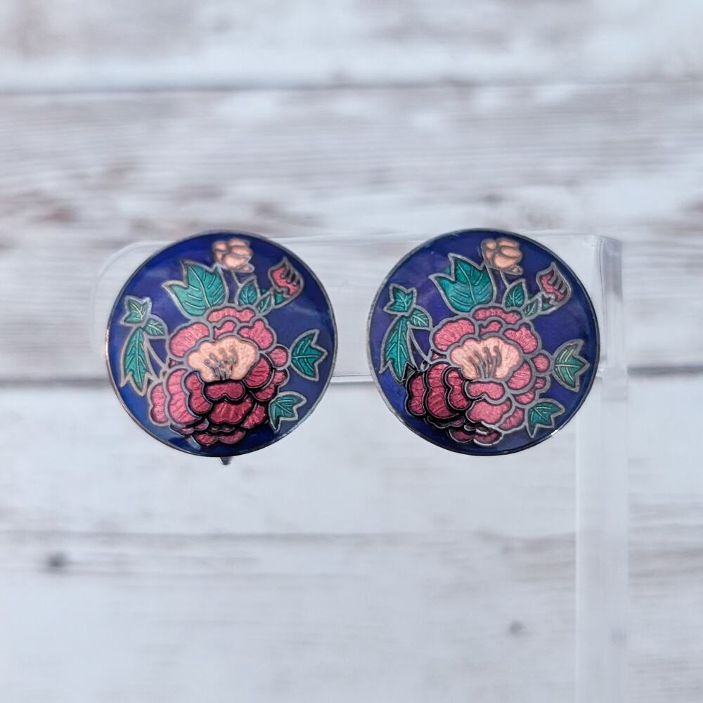 Vintage Clip On Earrings Stunning Blue with Red Flower Statement